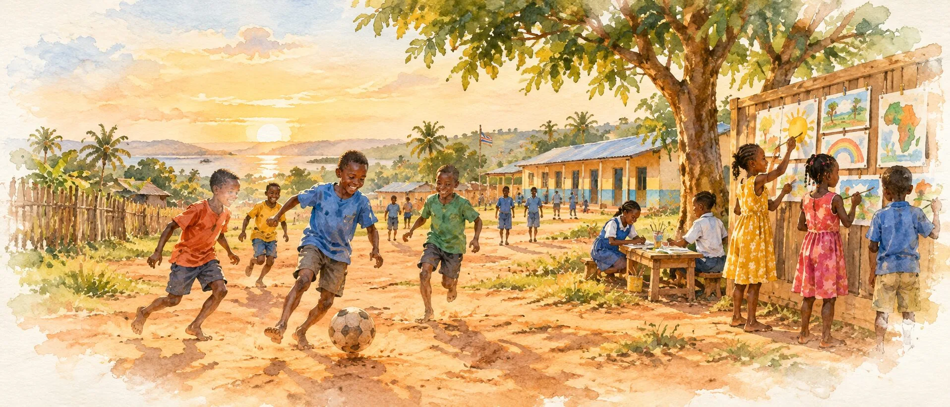 A village schoolyard at golden hour with children playing football and painting