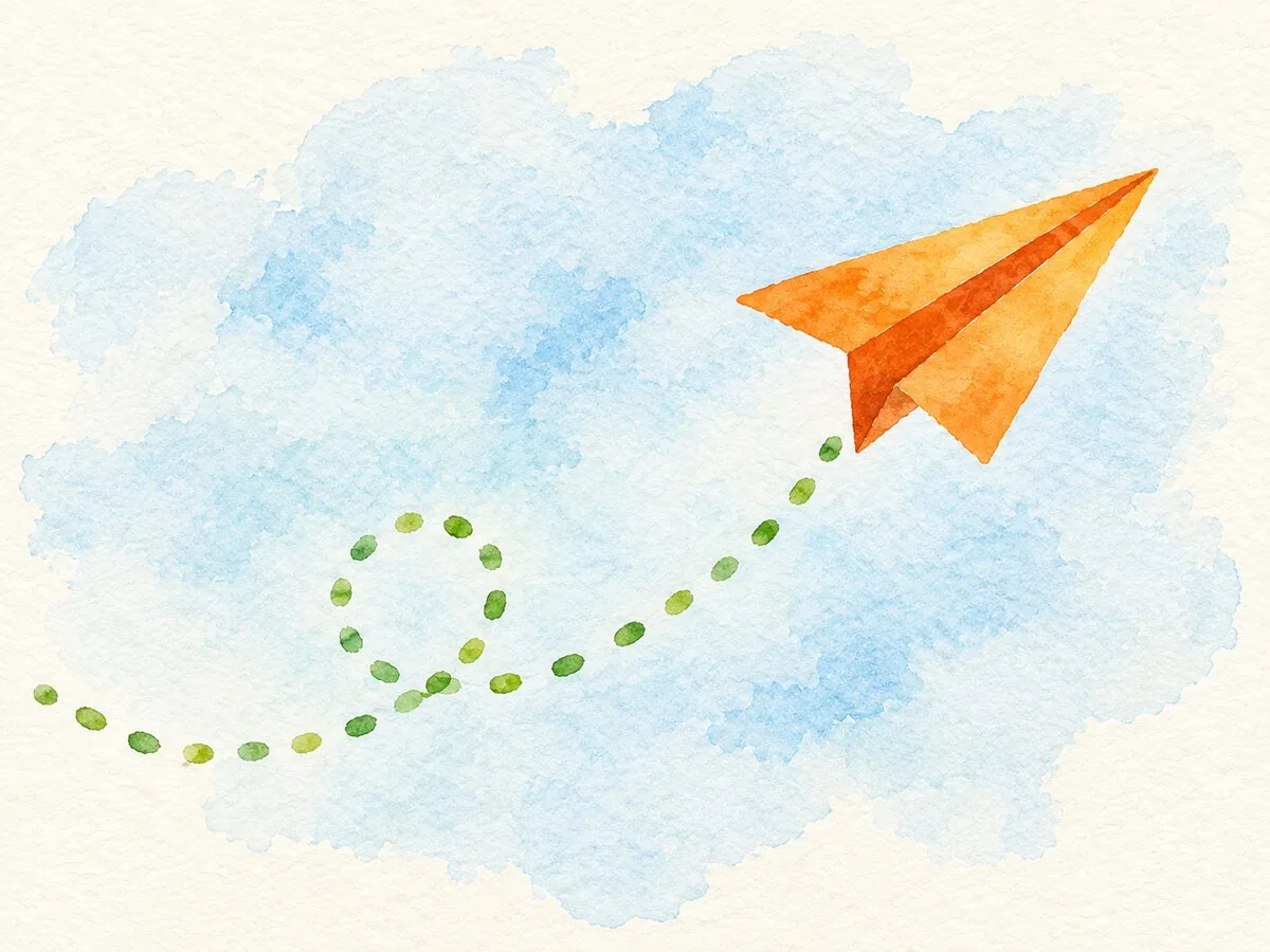 An orange paper airplane sailing across a blue watercolor sky