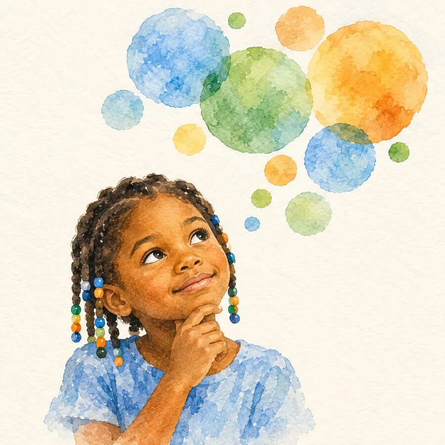 A child looking up thoughtfully with a hand on their chin