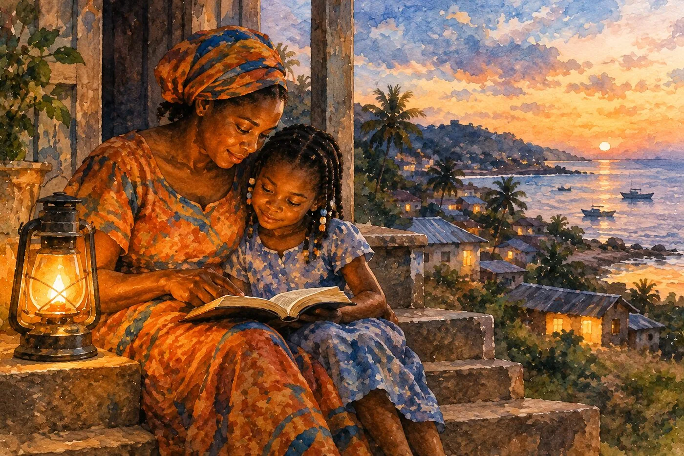 A mother and daughter reading together by lantern light on a porch overlooking a Liberian coastal town at dusk
