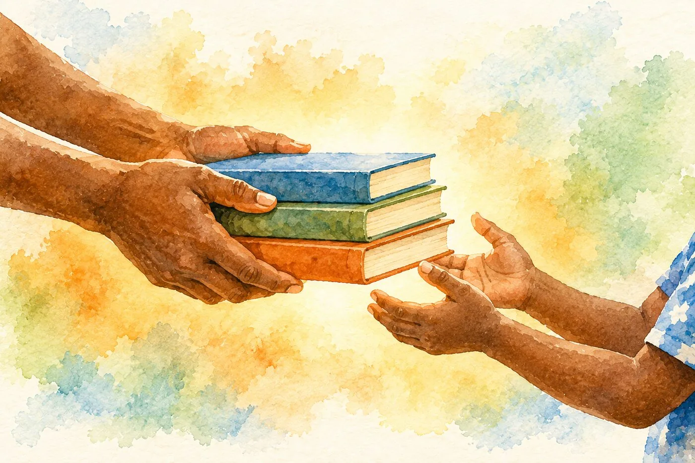 Adult hands passing a stack of books to a child's outstretched hands