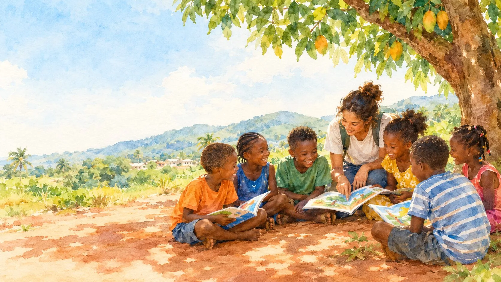 Children in Liberia reading picture books together under a mango tree with a volunteer