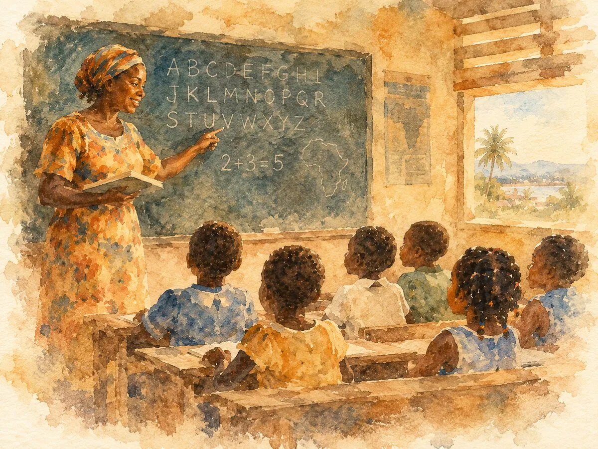 A vintage-feeling watercolor of a teacher and a row of attentive children in a chalkboard classroom