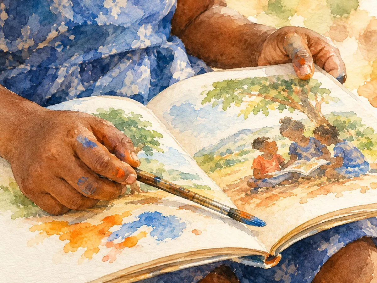 A child's hands holding an open book with a paintbrush resting across the page