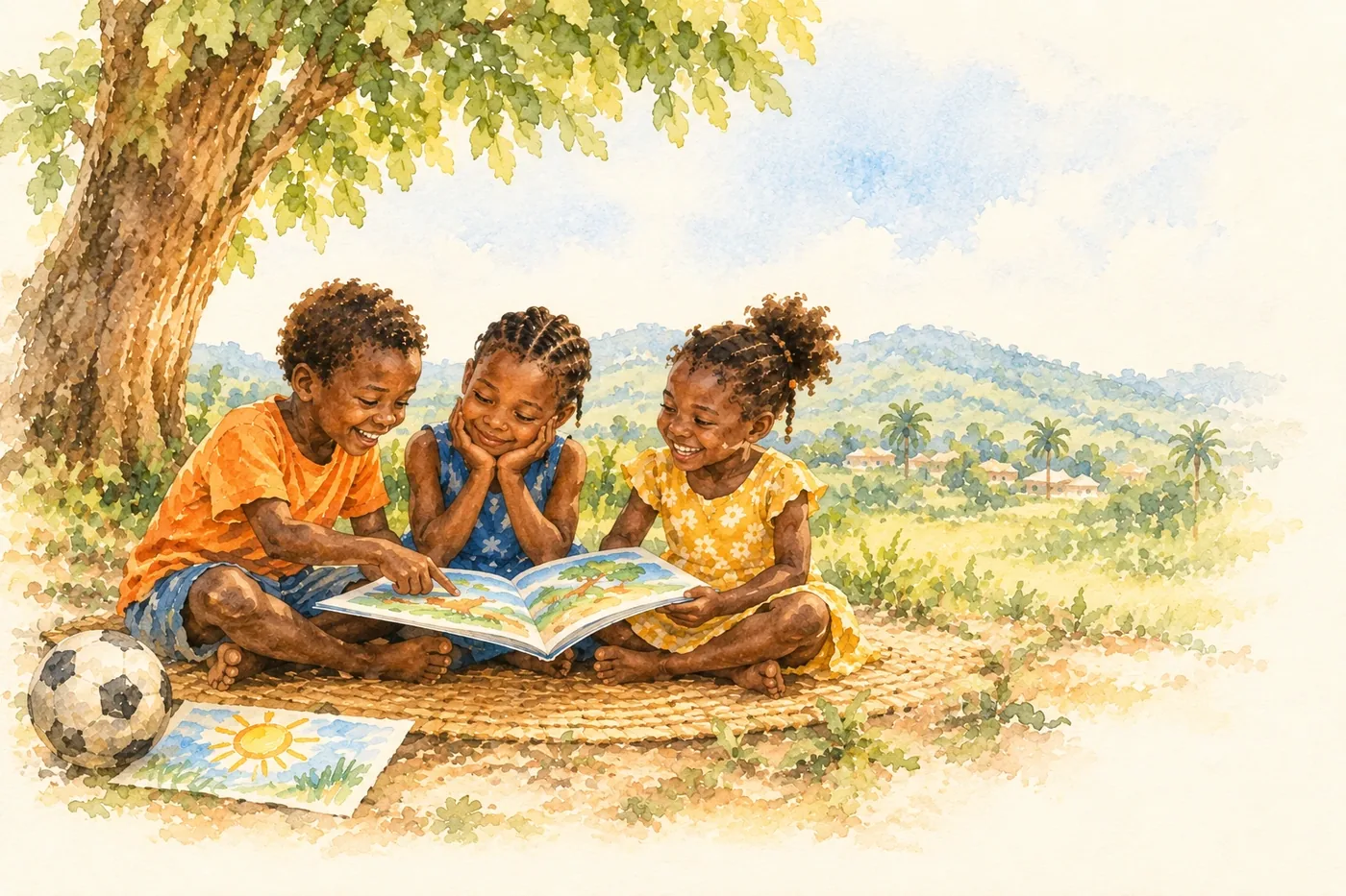 Three children sitting on a woven mat under a tree, sharing a picture book, with a soccer ball and a painting of the sun beside them