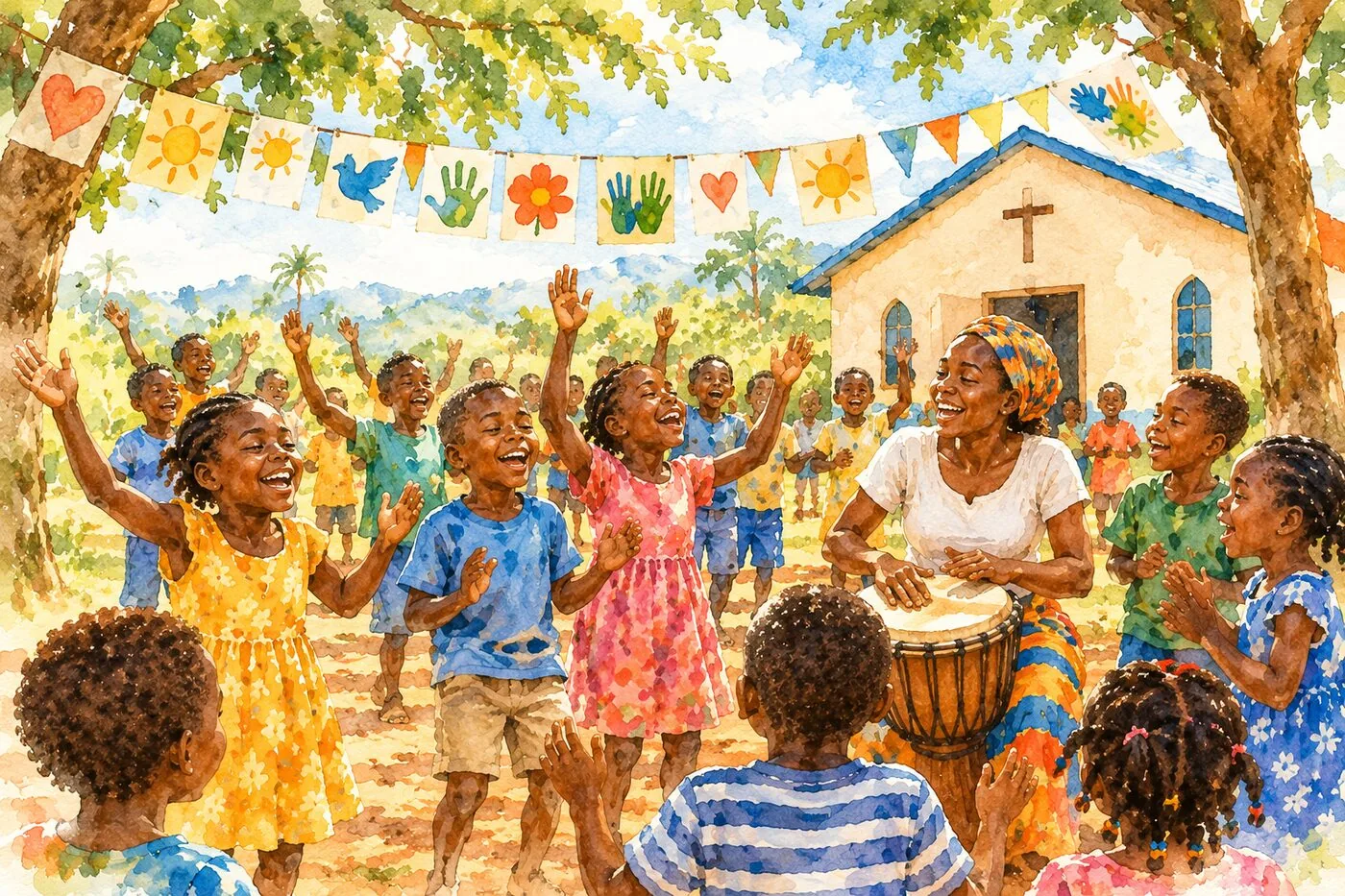 Children singing with arms raised outside a small church while a woman plays a drum, colorful paper crafts strung between trees