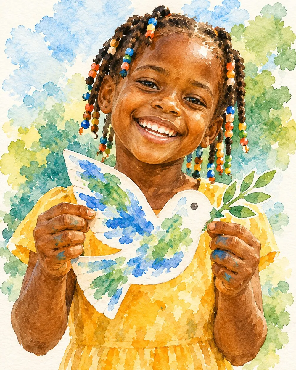 A smiling child holding up a hand-painted paper dove