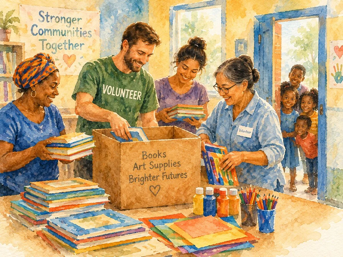 Volunteers unpacking books and art supplies